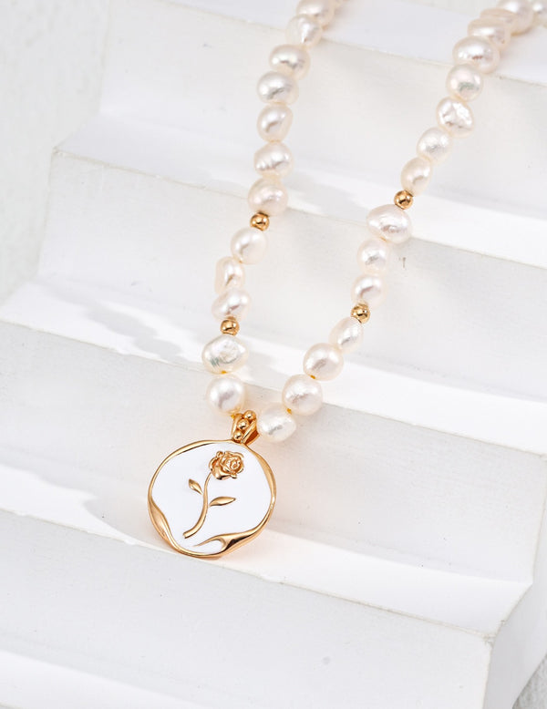 Natural Pearl Enamel Rose Pendant Necklace