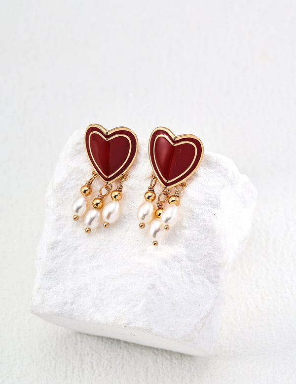 Red Heart Pearl Earrings